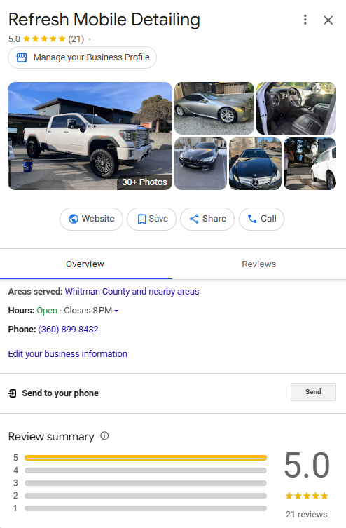 Refresh Mobile Detailing Google business profile